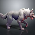 3D Wolf Model With White Gray Fur Red Eyes Open Mouth Dynamic Walking Pose