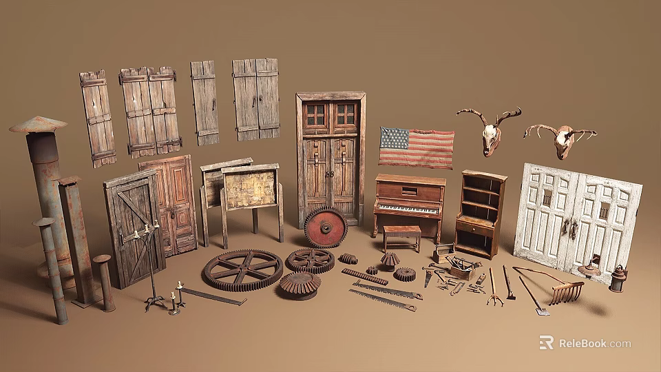 Vintage Antique Items Collection with Wooden Doors Piano Wheels Tools American Flag and Deer Skulls 3d model 