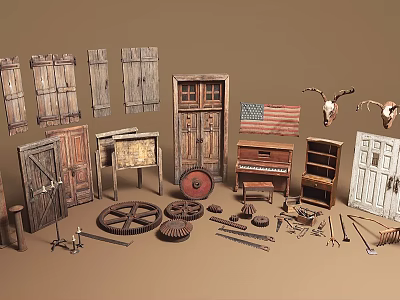 Vintage Antique Items Collection with Wooden Doors Piano Wheels Tools American Flag and Deer Skulls 3d model
