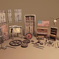 Vintage Antique Items Collection with Wooden Doors Piano Wheels Tools American Flag and Deer Skulls