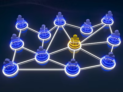 Multiple Illuminated Blue And Yellow Chandeliers Connected In Network Design Structure 3d model