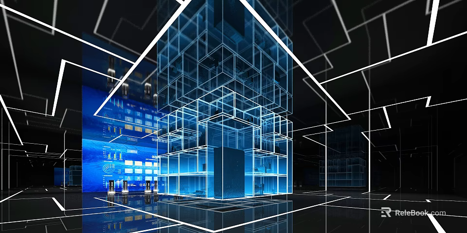 Futuristic Modern Interior Space Featuring Blue Lighting Cube Structures And Grid Lines Design 3d model 