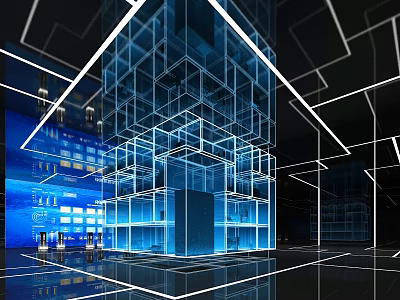 Futuristic Modern Interior Space Featuring Blue Lighting Cube Structures And Grid Lines Design 3d model