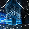 Futuristic Modern Interior Space Featuring Blue Lighting Cube Structures And Grid Lines Design 3d model