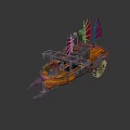Cartoon Style Boat Scene With Wooden Hull Red Flags And Mechanical Structures