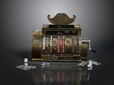 Vintage Brass Cash Register With Scattered Coins And Banknotes On Table 3d model