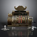 Vintage Brass Cash Register With Scattered Coins And Banknotes On Table