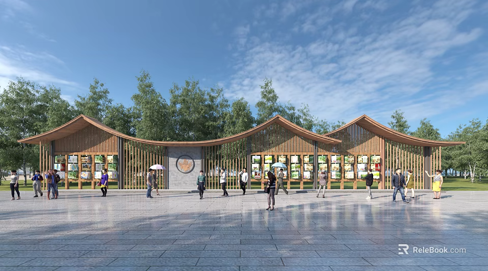 Outdoor Wooden Pergola With Curved Roof Design Trees Around And People Walking On Stone Pavement 3d model 