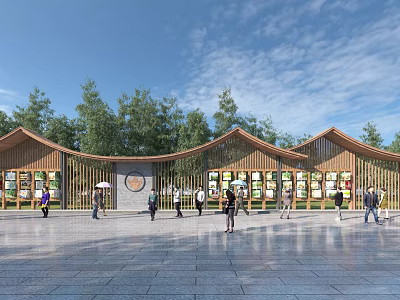 Outdoor Wooden Pergola With Curved Roof Design Trees Around And People Walking On Stone Pavement 3d model