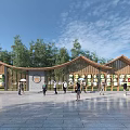 Outdoor Wooden Pergola With Curved Roof Design Trees Around And People Walking On Stone Pavement