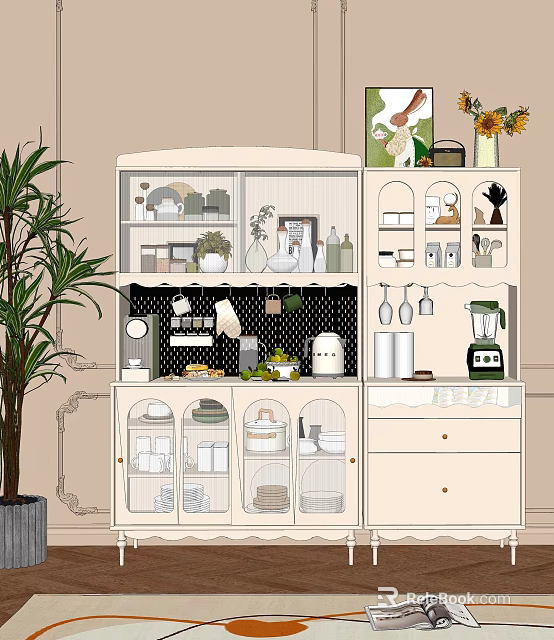 Stylish Modern Sideboard With Glass Doors Storage For Dinnerware Sunflower Bouquet And Palm Plant 3d model 