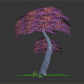 Cartoon Style Tree with Purple Pink Leaves and Twisted Gray Trunk on Green Grass Base