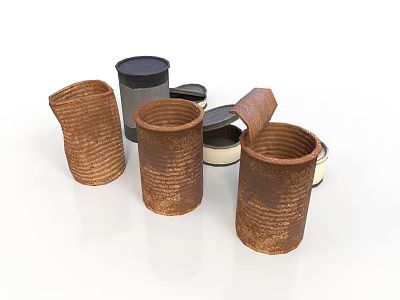 Vintage Rustic Metal Cans As Household Items With Open Lids And Various Sizes 3d model