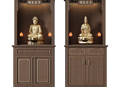 Wooden Buddhist Shrine Cabinet with Two Golden Buddha Statues Carved Decorations and Small Lamps 3d model