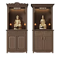 Wooden Buddhist Shrine Cabinet with Two Golden Buddha Statues Carved Decorations and Small Lamps