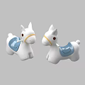 Two Cute Building Block Horse Toys with White Bodies Blue Saddles and Yellow Bridles