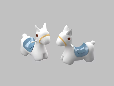 Two Cute Building Block Horse Toys with White Bodies Blue Saddles and Yellow Bridles 3d model