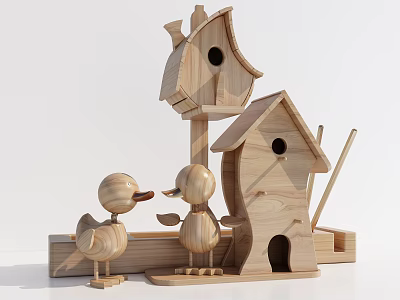 Wooden Decorative Ornament Set With Birdhouse And Duck Figurines For Home Decor 3d model