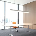 Modern Office Interior With Large Windows City View Long Desk White Chair And Orange Cushion