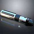 Futuristic Metallic Weapon with Cylindrical Silver Black Design and Reflective Surface Finish