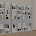 Dark Wood Bookshelf With Multiple Shelves Holding Books Decorative Vases Sculptures And Window Blinds