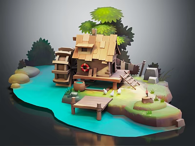 Cartoon Scenic Wooden Cottage with Watermill and Bridge by Blue Water in Green Forest 3d model