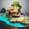 Cartoon Scenic Wooden Cottage with Watermill and Bridge by Blue Water in Green Forest
