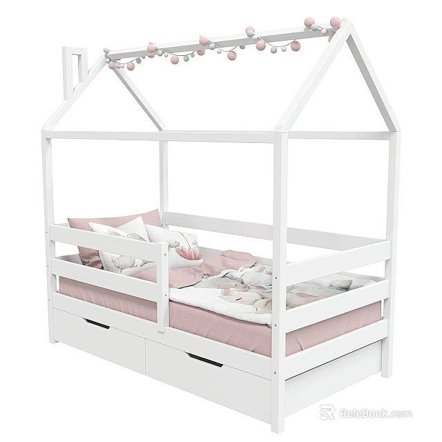 House Shaped White Children's Bed with Pink Bedding and Storage Drawers 3d model 