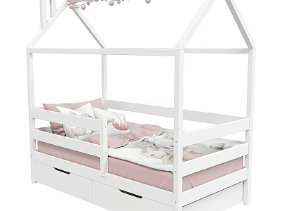 House Shaped White Children's Bed with Pink Bedding and Storage Drawers 3d model
