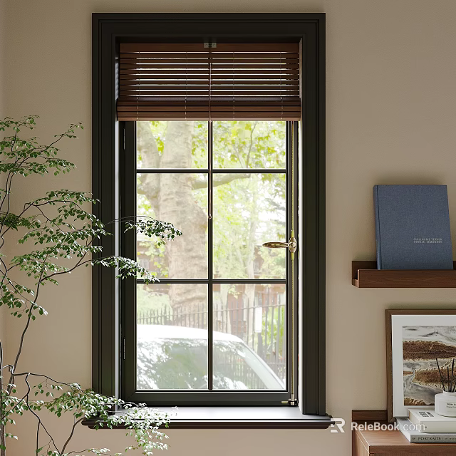 Black Frame Casement Window With Wooden Blinds Natural Light And Trees Outside View 3d model 
