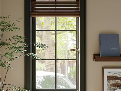 Black Frame Casement Window With Wooden Blinds Natural Light And Trees Outside View 3d model