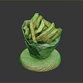 Crispy French Fries Served in Paper Bag on Wooden Board over Dark Background