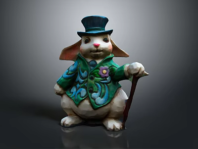 Ornate Decorative Rabbit Figurine Wearing Blue Top Hat Green Coat With Floral Patterns And Cane 3d model