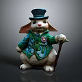Ornate Decorative Rabbit Figurine Wearing Blue Top Hat Green Coat With Floral Patterns And Cane