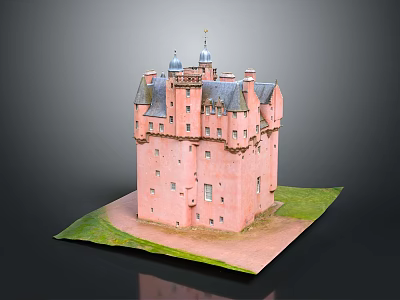 Pink Castle Model With Multiple Towers Slate Roof And Green Grass Base 3d model