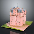 Pink Castle Model With Multiple Towers Slate Roof And Green Grass Base
