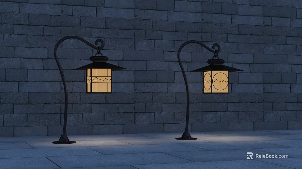 Vintage Style Outdoor Lights with Curved Poles Decorative Lamp Shades Illuminated Against Brick Wall 3d model 