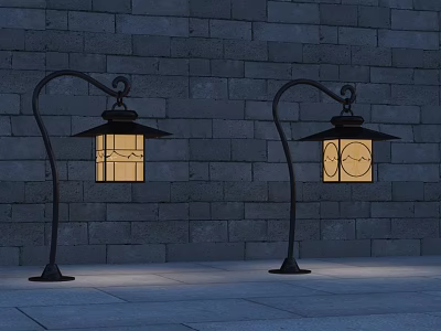 Vintage Style Outdoor Lights with Curved Poles Decorative Lamp Shades Illuminated Against Brick Wall 3d model