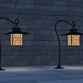 Vintage Style Outdoor Lights with Curved Poles Decorative Lamp Shades Illuminated Against Brick Wall