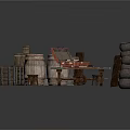 Vintage Storage Scene With Open Suitcase Wooden Table Small Stools Stacked Barrels And Crates