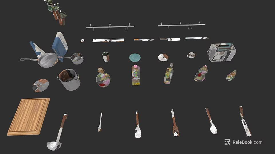 Essential Kitchen Utensils Including Pots Spatulas Spoons Cutting Boards And Bottles 3d model