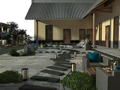 Ancient Architecture Courtyard Design With Stone Path Green Plants Seating And Traditional Lanterns 3d model