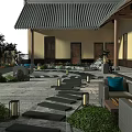 Ancient Architecture Courtyard Design With Stone Path Green Plants Seating And Traditional Lanterns
