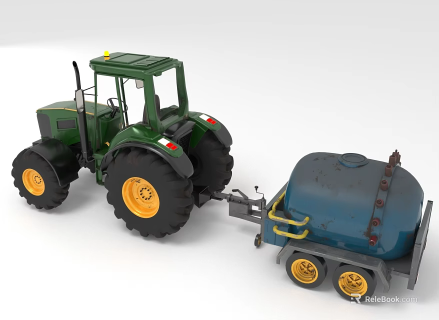 Green Functional Tractor With Blue Fuel Tank Trailer Large Wheels And Yellow Rims 3d model 