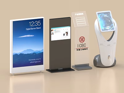 Modern Digital Signage Kiosk Displays With Interactive Screens And Time Info 3d model