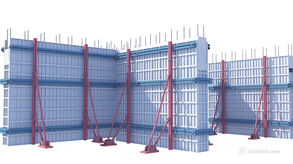 Construction Formwork With Steel Rebars Red Supporting Frames And White Panels 3d model