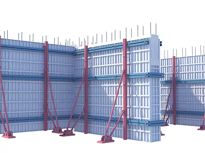 Construction Formwork With Steel Rebars Red Supporting Frames And White Panels 3d model