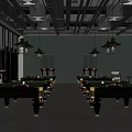 Spacious Modern Billiard Room With Multiple Pool Tables Pendant Lights And Bar Counter