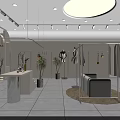 Elegant Modern Clothing Store With Window Display Mannequins Green Plants And Interior Lighting