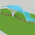Modern Pergola Featuring Blue Membrane Roof White Steel Structure Green Grass and Wooden Fence
